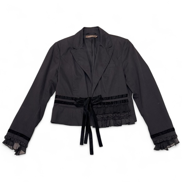 Sandwich Jackets & Blazers - sandwich_  Vintage Cropped Blazer Size 10 Velvet / Silk Ruffle Trim Romantic